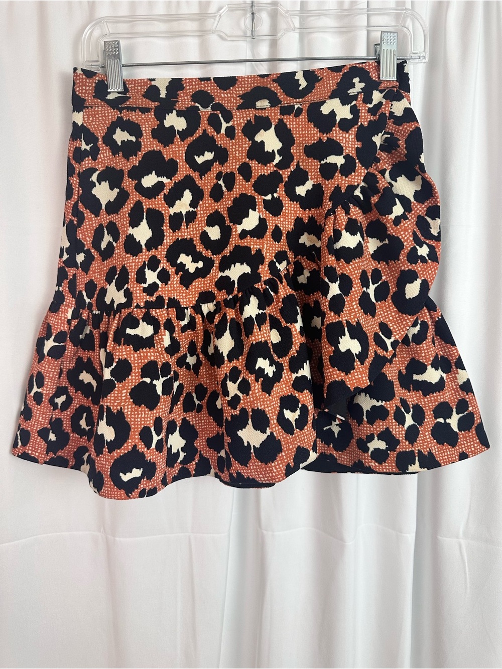 Essential Antwerp Blk/Rust Leopard Print Ruffle Skater Mini Skirt, sz 36/US 6.